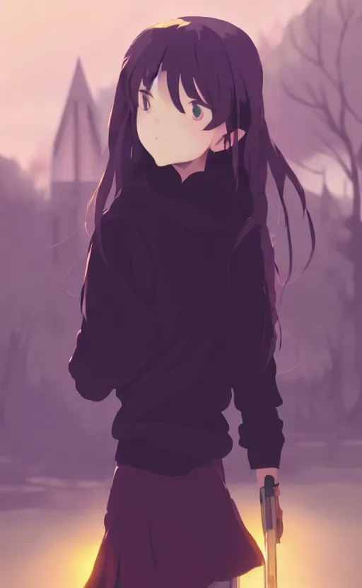 Image similar to a girl wearing black pullover with tribals, symmetrical facial features, school landscape, illustration, concept art, anime key visual, trending pixiv fanbox, by wlop and greg rutkowski and makoto shinkai and studio ghibli and kyoto animation, blue archive, yellow aureole, airsoft gun