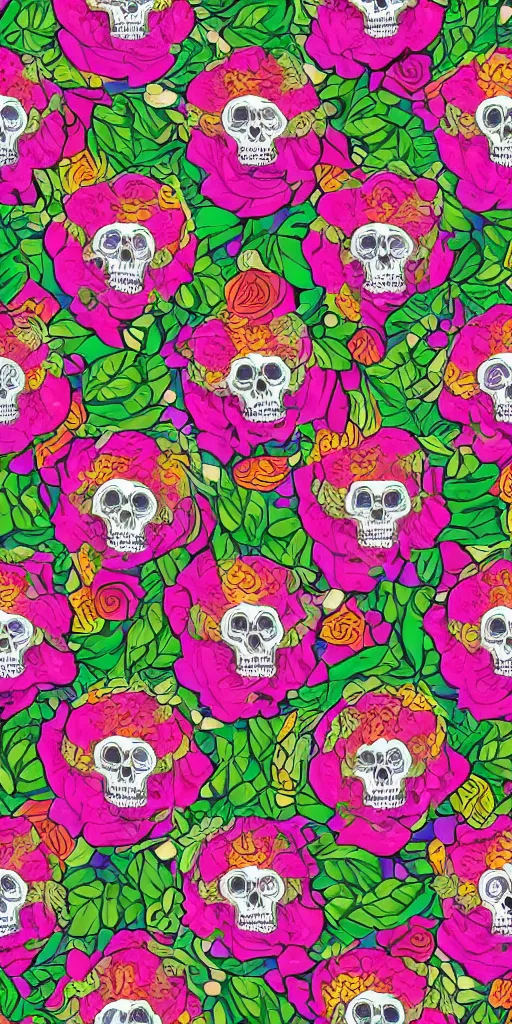 Image similar to seamless pattern of skulls roses and snakes, colourful, symmetrical, repeating 35mm photography