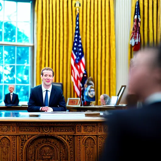 Prompt: Mark Zuckerberg the president of the united states sitting in the oval office, EOS-1D, f/1.4, ISO 200, 1/160s, 8K, RAW, unedited, symmetrical balance, in-frame, Photoshop, Nvidia, Topaz AI