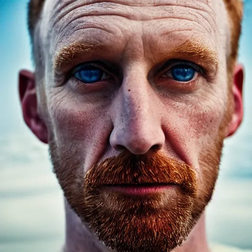 Image similar to color portrait of a middle aged balding blue eyed ginger white male model By Emmanuel Lubezki