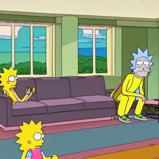 Image similar to Rick & Morty starring in the simpsons couch-gag