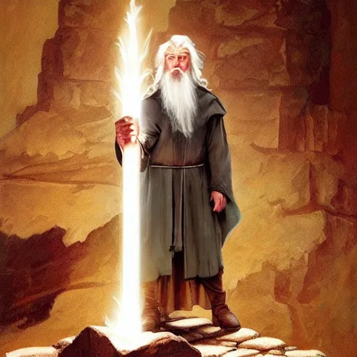 Image similar to Gandalf in the ruins of the temple of old gods holding a torch, featured on artstation, cinematic chiaroscuro, digital art by Leyendecker and Norman Rockwell