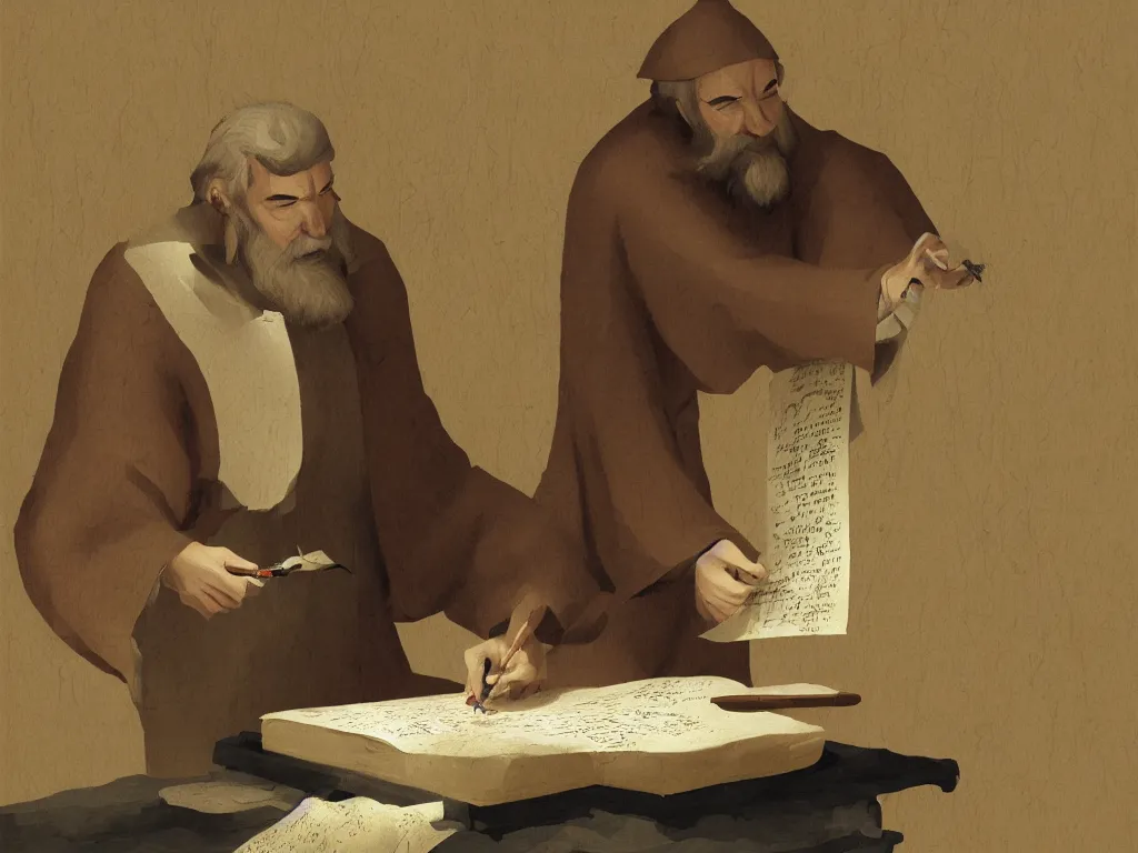 Prompt: saint augustine, furiously scribbling his confessions onto a stack of parchment with a quill, by goro fujita, trending on artstation, 8k, highly detailed, digital graphic art