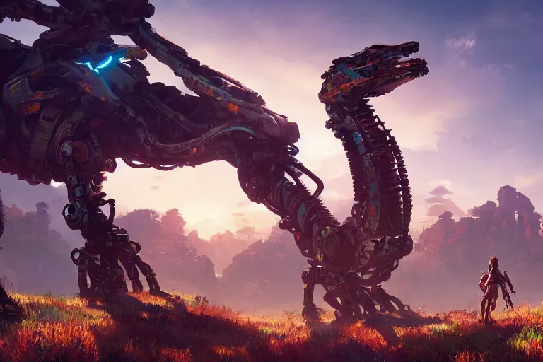 Image similar to tallneck machine mecanical creature robot of horizon forbidden west horizon zero dawn radiating a glowing aura global illumination ray tracing hdr fanart arstation by ian pesty and alena aenami artworks in 4 k