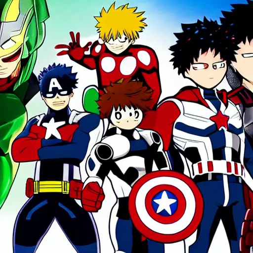 Prompt: the avengers in the style of my hero academia, character art.