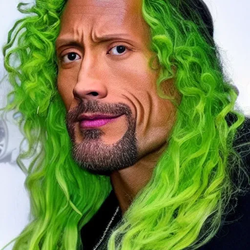 Image similar to dwayne johnson flexing with a curly bright green wig
