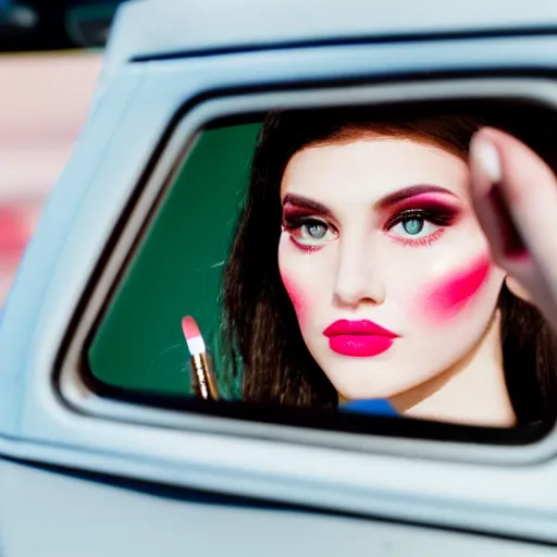 Image similar to a close - up of young woman looking in rear view mirror doing makeup, applying lipstick illuminated by a soft, ethereal light. k 4, kodak portra 4 0 0