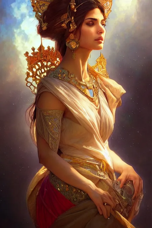 Prompt: Beautiful portrait of an attractive Persian Princess who is an architect, beautiful princess, face painting, dramatic lighting, intricate, wild, highly detailed, digital painting, artstation, concept art, smooth, sharp focus, illustration, art by artgerm and greg rutkowski and alphonse mucha, footage from space camera