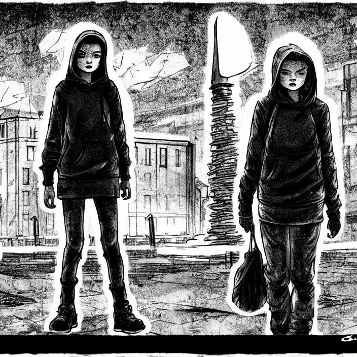 Image similar to storyboard : sadie sink in hoodie sits on bench in ruined square, pedestrians walk by, soviet monument and propaganda posters. scifi cyberpunk. by gabriel hardman. cinematic atmosphere, detailed and intricate, perfect anatomy