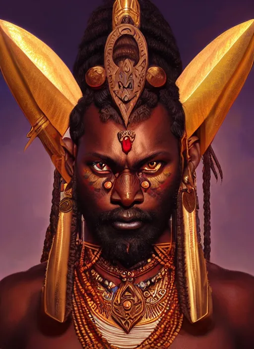 Prompt: angry orisha warrior god, bronze skin tone, bushy beard, glowing red eyes, volumetric lights, mauve and gold scheme, tribal and primitive, intricate, highly detailed, digital painting, artstation, concept art, smooth, sharp focus, illustration, kemetic symbolism, art by artgerm and greg rutkowski and alphonse mucha