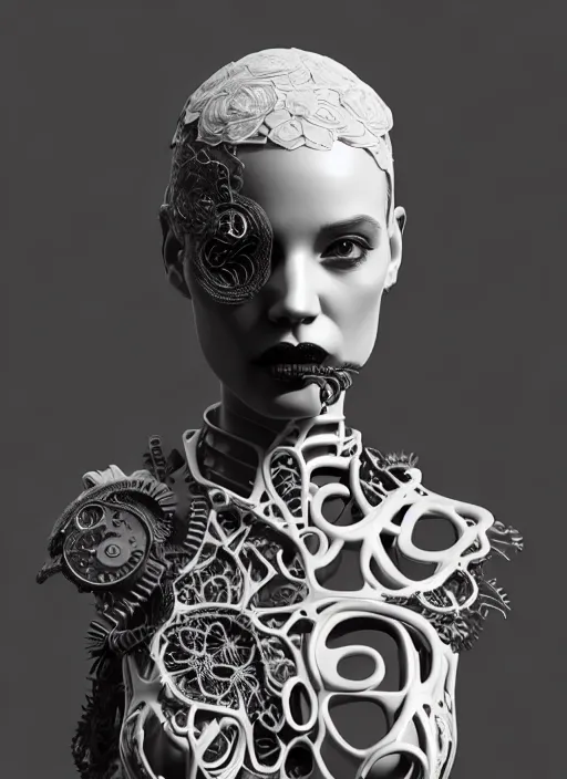 Prompt: monochrome 3 d model, biomechanical beautiful young female cyborg with porcelain profile face and a big floral eye, volumetric light, leaves foliage and stems, hibiscus flowers, boho floral vines, sinuous fine roots, fine foliage lace, alexander mcqueen, rim light, big gothic fashion pearl embroidered collar, steampunk, octane render, 8 k