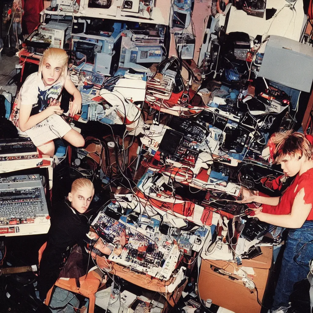 Prompt: a psychobilly blonde teenager from behind working on a amiga 2000 connected to a sony v-5000 camera, 1989, vivid colors, Annie Leibovitz