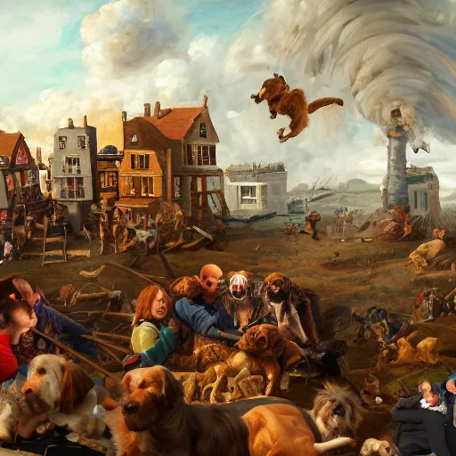 Prompt: a highly detailed oil painting of a giant dog smashing houses, dog, canine, renaissance, bystanders watching from the sides, 4 k, by ariduka 5 5, monokubo, artstation,