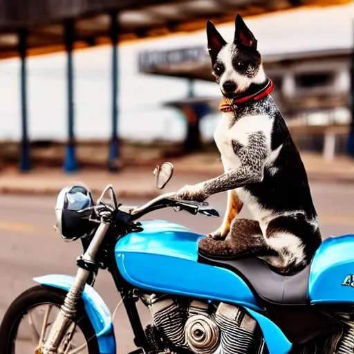 Image similar to blue heeler dog on a motorcycle, 8 k photography, blurred background of a wafflehouse