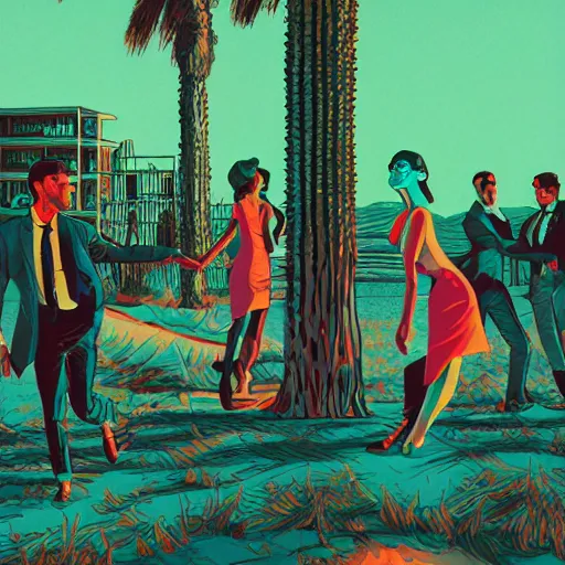 Prompt: a colorfully detailed comic noir illustration of tango dancers in a desert beach oasis by Sachin Teng, dark vibes, high contrast, pastel lighting, cinematic, depth of field, 8k