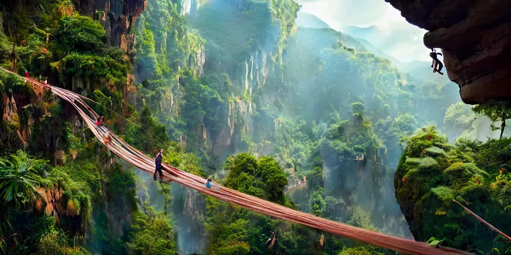 Image similar to wide angle view of colorful clothing fashion models crossing a suspended rope bridge over a deep canyon, mountainous jungle setting, trees, waterfall, river, rocks, dramatic lighting, highly detailed, artstation, unreal engine, matte painting in the style of craig mullins, Uncharted 4, fish eye lens, 8k HDR