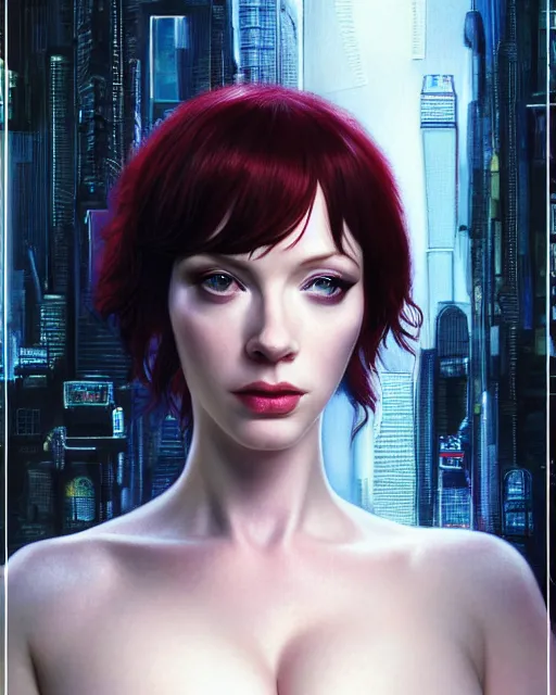 Image similar to sophisticated photography of young Christina Hendricks starring in ghost in the shell, elegance, highly detailed, Hyperrealism, 8k, shallow depth of field, Artstation, Artgerm, Donato Giancola and Joseph Christian Leyendecker