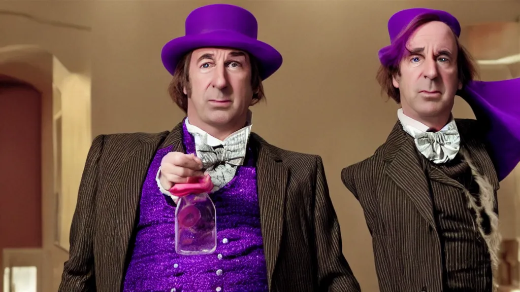 Image similar to saul goodman as Willy Wonka, film still from the movie directed by Denis Villeneuve with art direction by Salvador Dalí, wide lens