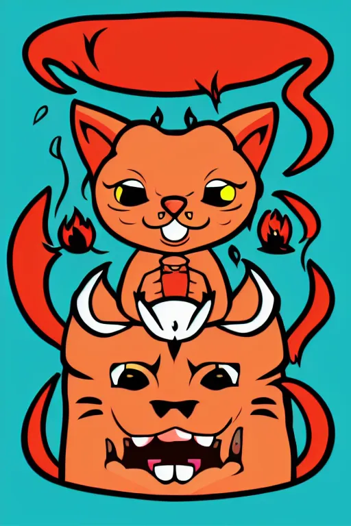 Image similar to Evil kitten, the devil, sticker, blood thirsty, spawn of Satan, burning in hell, blood, evil, colorful, illustration, highly detailed, simple, smooth and clean vector curves, no jagged lines, vector art, smooth