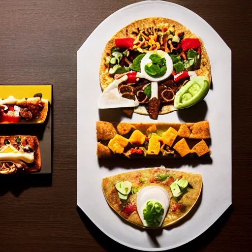 Image similar to Per Se by Thomas Keller deconstructs the Taco Bell Mexican Pizza - food photography plate from above DSLR