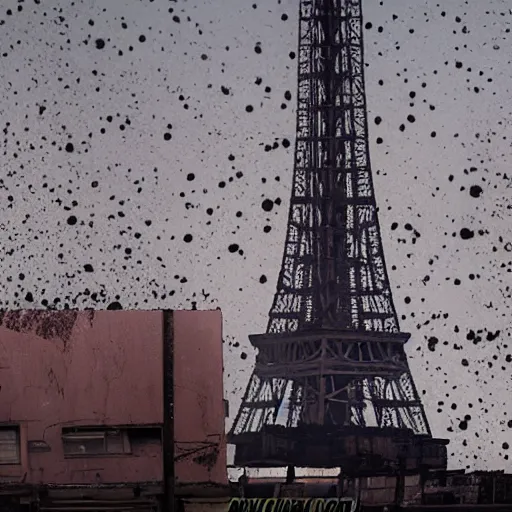 Image similar to A beautiful intricate 8K award-winning cinematic movie photograph of the future Eiffel Tower, devastated and decaying, completely covered in billboards. in the year 2043, by Bruno Delbonnel. Arri Alexa 65, IMAX 70mm footage