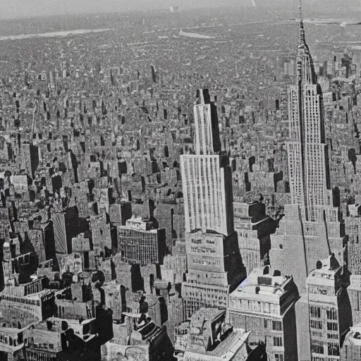 Prompt: aerial view of new york in 1940 with the sky full of zeppelins