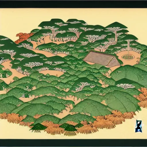 Image similar to 3d isometric botanical illustration of a human settlement in the circular forest besides the mountain, diego rivera in Ukiyo-e style, HD