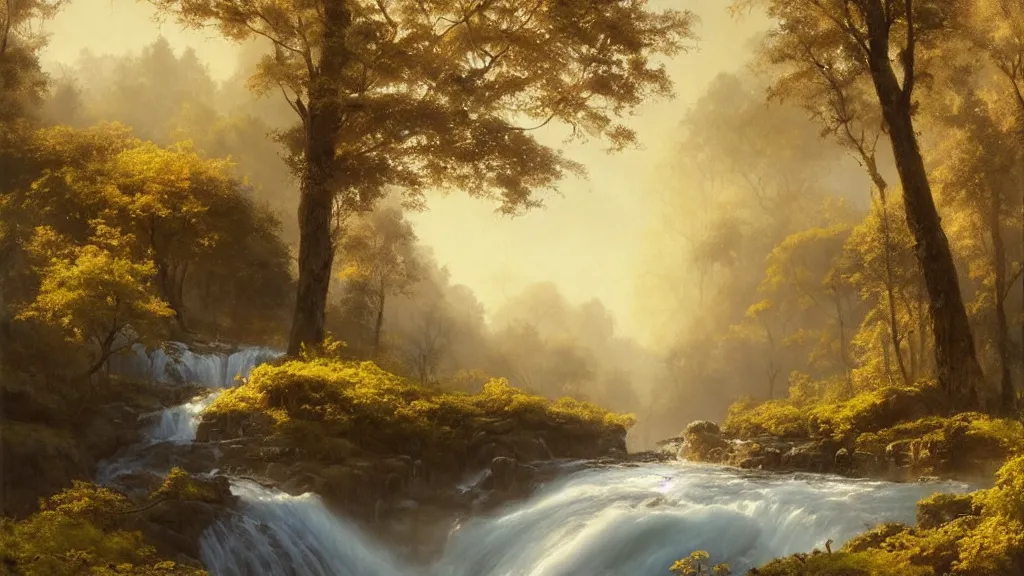 Prompt: the most beautiful panoramic landscape, oil painting, where a giant dreamy waterfall creates a river, the trees around are starting to bloom in yellow colors, a majestic deer is in close - up and it is exhaling steam, the ray lights of the sunrise are brightening him, by greg rutkowski