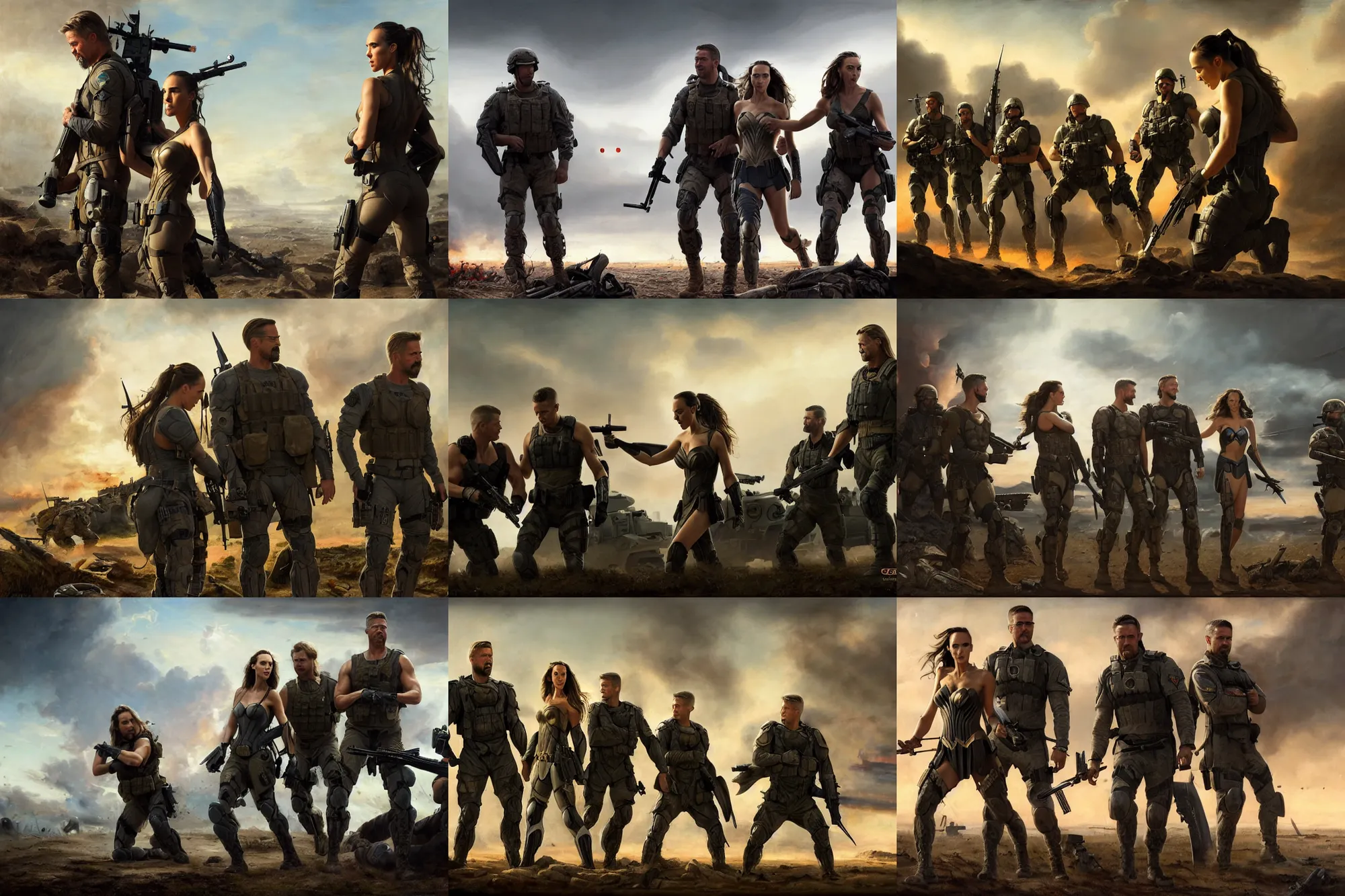 Prompt: a special operations members jessica alba gal gadot brad pitt and colin farrell on the battlefield together, covert military pants, military boots, greek mythology, oil reinassance painting by cornelis van poelenburgh and dosso dossi, ultra detailed, concept art, 8 k what