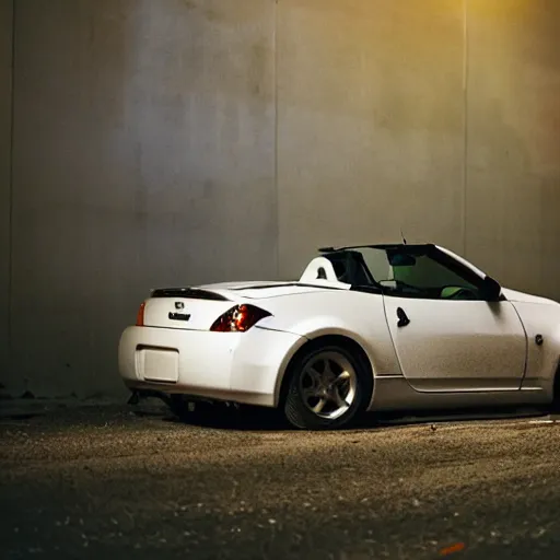 Prompt: decaying white 350z roadster abandoned in alley night time decrepit shot from bladeruner 2049 soft lighting dark shadows beautiful 35mm camera Ryan Church