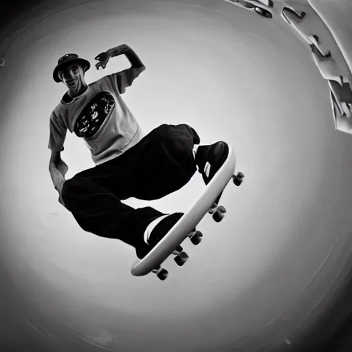 Prompt: award winning close up, black and white only, photo of, Tony Hawk, skateboarding, doing the loop, in the 1986 vert contest, by J. Grant Brittain, Atiba Jefferson, C. R. Stecyk III, fisheye lens, detailed faces, detailed skateboard, 8k, sharp image, balanced composition