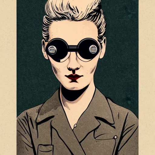 Image similar to tattooed stoic heroic emotionless dirty butch blonde woman engineer with very short slicked - back hair, uncomfortable awkward and anxious, wearing dark - lensed victorian goggles, wearing flight suit, moebius, rough paper, smooth median photoshop filter cutout vector, moebius, behance hd