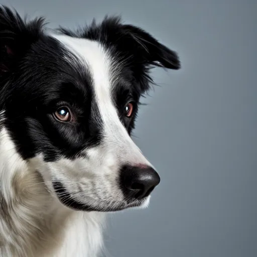 Image similar to wide angle close up photo of a border collie. Studio lighting. White background.