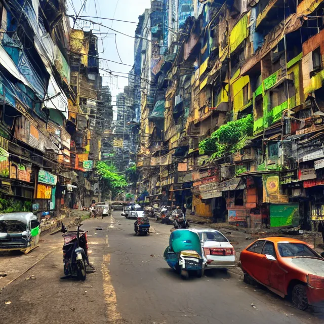 Image similar to streets of mumbai, future, mossy buildings, high fidelity, uncompressed png