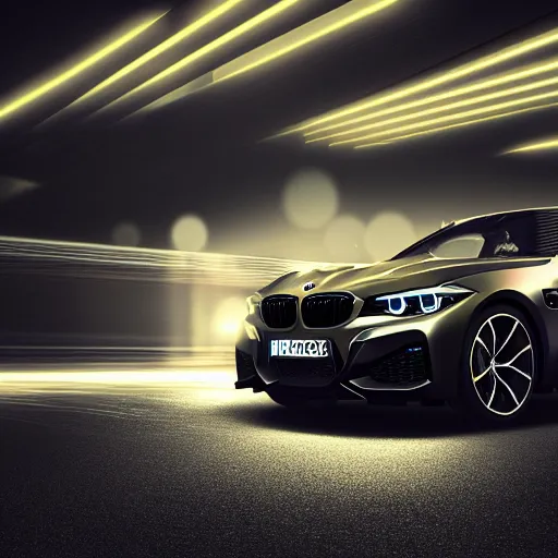 Prompt: product shot of a black BMW, black background, neon lights, octane render, motion blur, bokeh