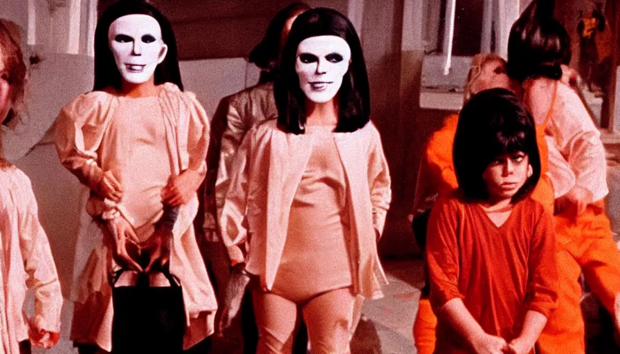 Prompt: a 1 9 7 0's cult exploitation horror movie where a evil kid wears a kim kardashian halloween mask