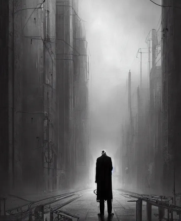 Image similar to a mechanical man in a lab coat standing ominously on a dark and lonely street, by HR Giger and Beksiński and Stephan Martiniere , 4k resolution, detailed, trending on artstation