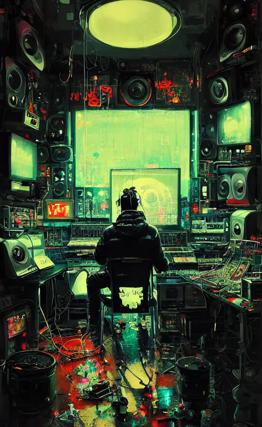 Image similar to detailed portrait of a music producer in his studio lab, neon operator, cyberpunk futuristic neon, reflective puffy coat, decorated with traditional japanese ornaments by ismail inceoglu dragan bibin hans thoma greg rutkowski alexandros pyromallis nekro rene maritte illustrated, perfect face, fine details, realistic shaded, fine - face, pretty face