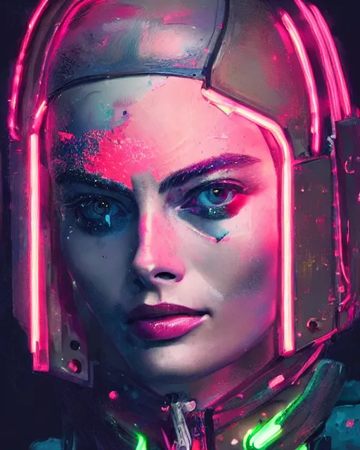 Image similar to neon operator margot robbie, cyberpunk futuristic neon, reflective puffy jacket, decorated with traditional japanese ornaments by ismail inceoglu dragan bibin hans thoma greg rutkowski alexandros pyromallis nekro rene maritte illustrated, perfect face, fine details, realistic shaded, fine - face, pretty face