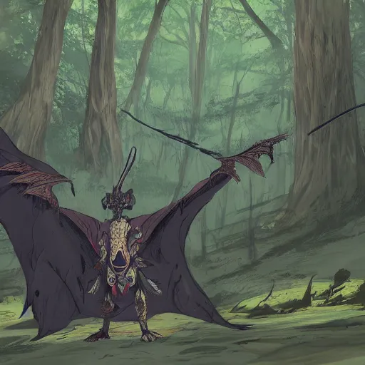 Image similar to concept art painting of an anthropomorphic dragon king with black robes, a long neck, and skull mask, in a deep forest, cel shaded, in the style of makoto shinkai and james gurney and studio ghibli and moebius