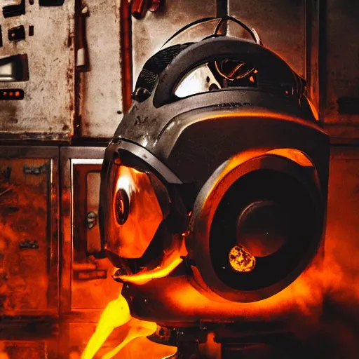 Image similar to toaster oven mecha head, dark messy smoke - filled cluttered workshop, dark, dramatic lighting, orange tint, sparks, cinematic, highly detailed, sci - fi, futuristic, movie still