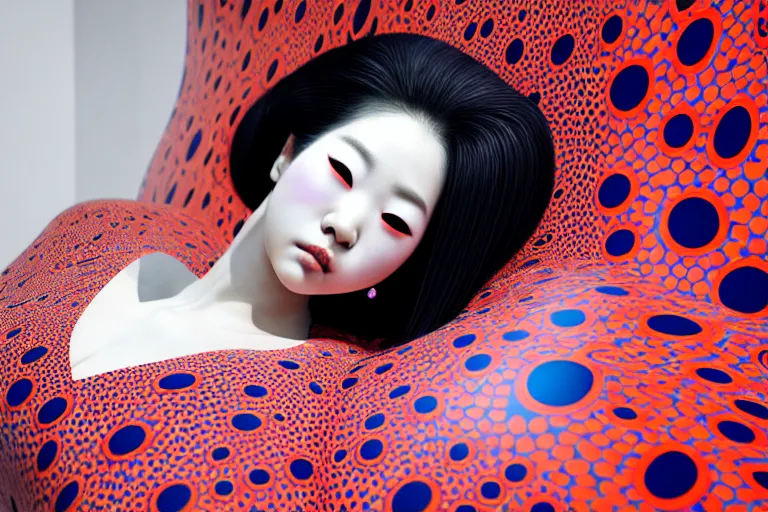 Image similar to hyperrealistic detailed image of a geisha laying in a art installation room, hd smooth interior by yayoi kusama, part by kei mieno, part by ross tran, dark art by james jean, ultra realistic, highly detailed, life like face, detailed body, 8 k, 3 d render by roger magrini, very cohesive, masterpiece