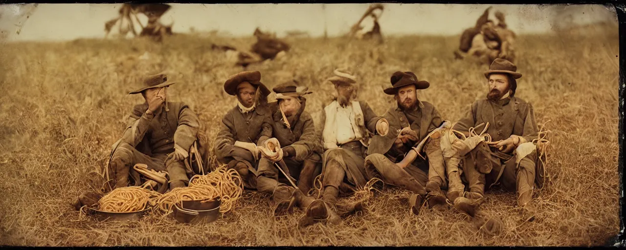 Image similar to eating spaghetti on the battlefield, american civil war, tintype sigma 5 0 mm, cinematic lighting, photography, wes anderson, kodachrome