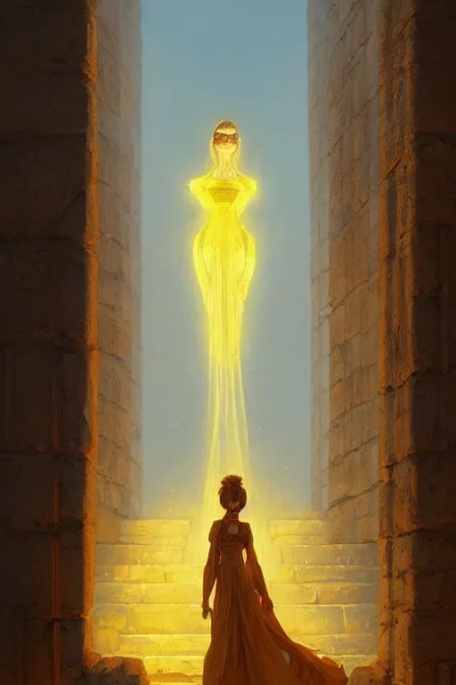 Prompt: possessed woman wearing an ancient greek tunic made of yellow paper, stephen bliss, unreal engine, fantasy art by greg rutkowski, rhads, ferdinand knab, makoto shinkai and lois van baarle, ilya kuvshinov, rossdraws, tom bagshaw, global illumination, radiant light, ancient greek temple ruins, red blue color theme