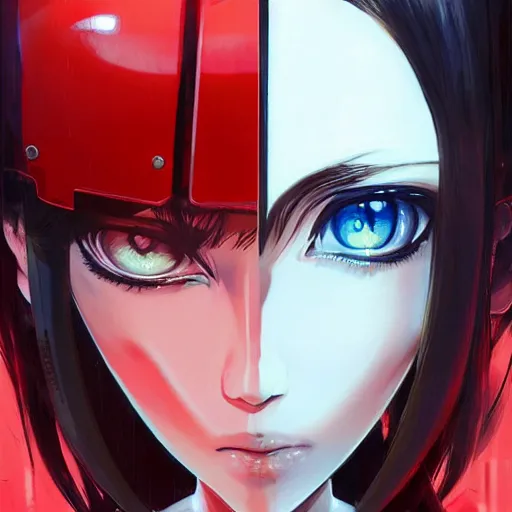 Image similar to A cyborg girl with big and cute eyes, fine-face, realistic shaded perfect face, fine details. red, black and white robotic parts. Very Anime.realistic shaded lighting poster by Ilya Kuvshinov katsuhiro otomo ghost-in-the-shell, magali villeneuve, artgerm, Jeremy Lipkin and Michael Garmash, Rob Rey and Kentarõ Miura style, trending on art station