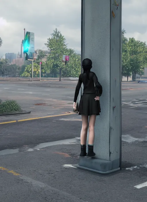 Prompt: undead girl standing on a bus stop ; unreal engine ; wide angle ; highly detailed