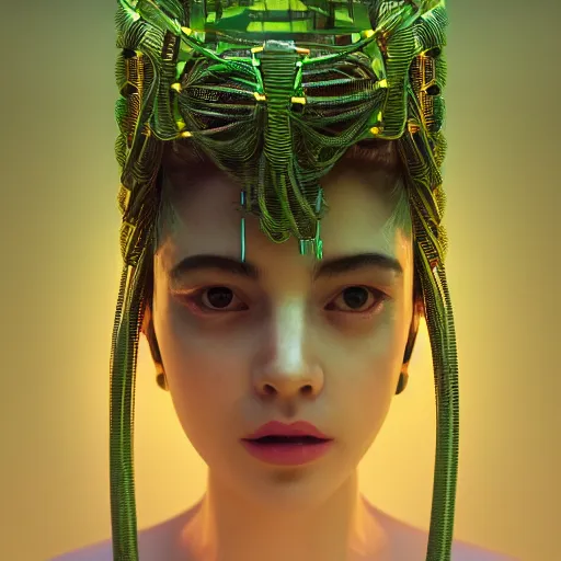 Image similar to tapping in to something greater, piles of modular synth cables, goddess portrait wearing a big headpiece in a mystical glowing forest in the style of wlop, stanley kubrick, masamune, unique perspective, eastman color, perfect details, trending on artstation, 3 d render, smooth render, green and blue palette, wlop