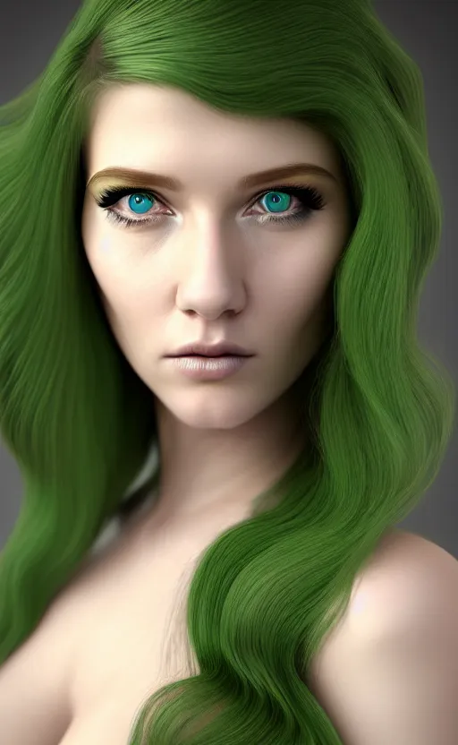 Prompt: complex 3 d render, ultra detailed, portrait of a beautiful porcelain skin woman, face, green eyes, wavy hair, 1 5 0 mm lens, beautiful, studio portrait,