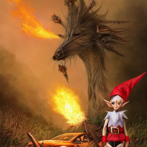 Image similar to a skinny high-fantasy elf with a long narrow face and spiky blonde hair wearing dark brown overalls and holding a firecracker standing next to a destroyed car, painting by Ed Binkley