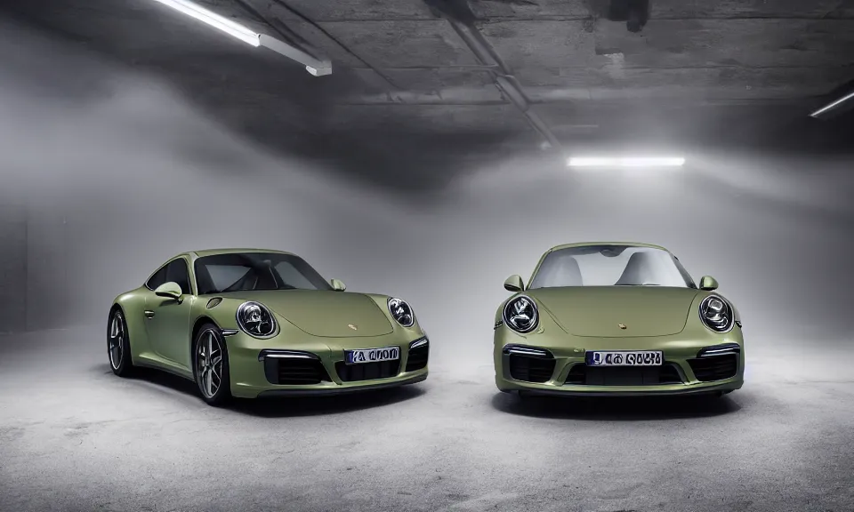 Image similar to photo of a porsche 911 standing in a garage with its headlights turned on, mist, volumetric light, 4k